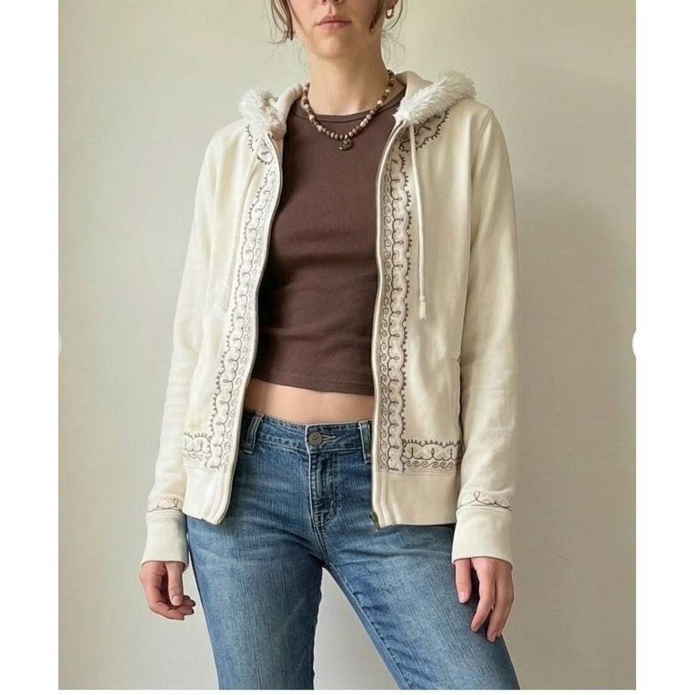 VTG Y2K Lucky Brand Sz L Full Zip Embroidered Hoodie Boho Festival Hippie *FLAW*